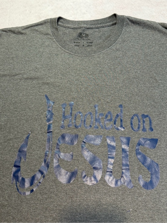 Fruit of the Loom Other - Fruit of the Loom Hooked on Jesus Gray Tee with Blue Print